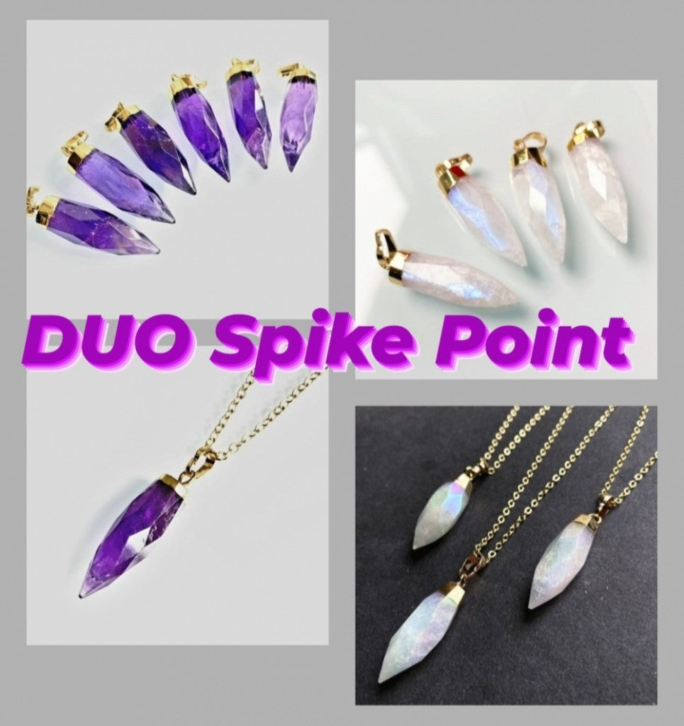 2 -1 Smykkekampanje / DUO Spike Point Necklaces, Gold Electroplated - ( Ametyst + Rainbow Moonstone )