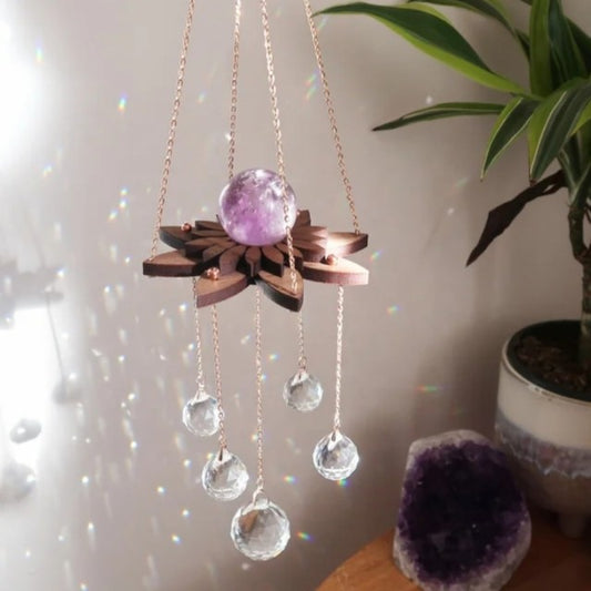 New 2024 Lotus Rainbow Crystal Suncatcher w/ Ametyst Quartz 30mm Sphere