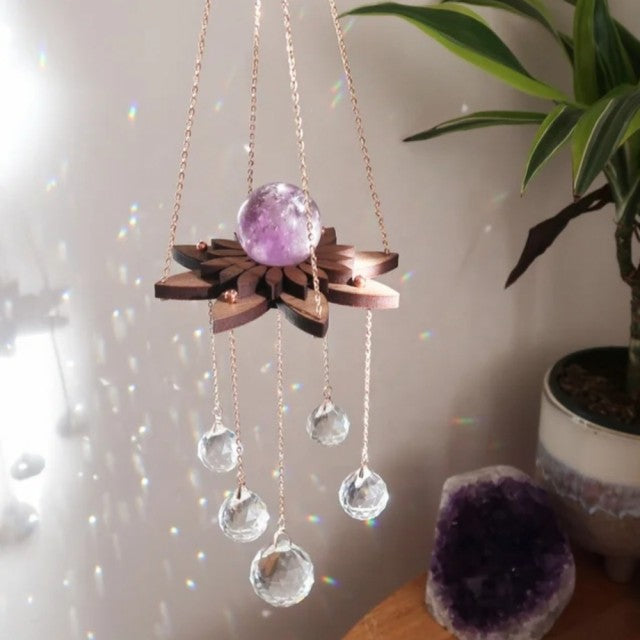 New 2024 Lotus Rainbow Crystal Suncatcher w/ Ametyst Quartz 30mm Sphere