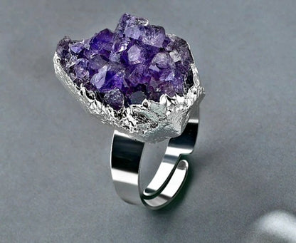 Flott Ametyst RÅkrystall Silver Electroplated Ring, Justerbar