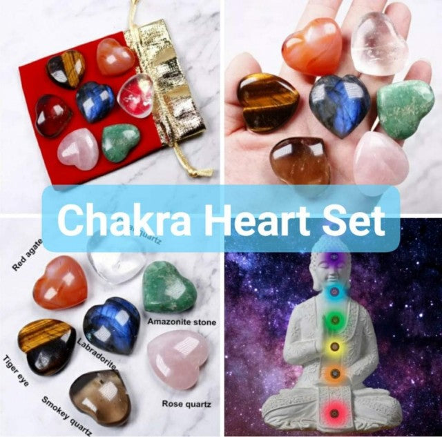 Steinpakke 1 / Chakra steinsett med 7 Hjertestener ca. 30mm.