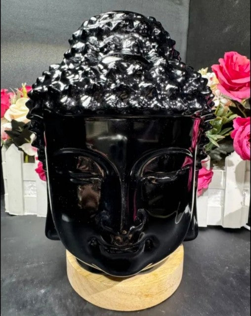 XLARGE BLACK OBSIDIAN BUDDHA HEAD - 15cm - 2.5kg inkl. led lysbase