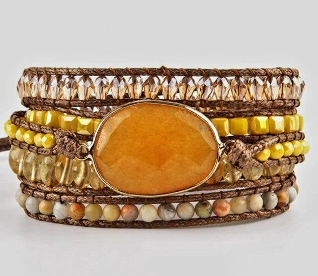 NYHET 2023 ! BOHO WRAP BRACELET 5 rader armbÅnd med stor Gul Aventurin sten