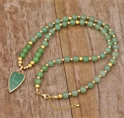NYE FASHION CRYSTAL KJEDER GREEN AVENTURINE QUARTZ m/ LONG HEART ANHENG