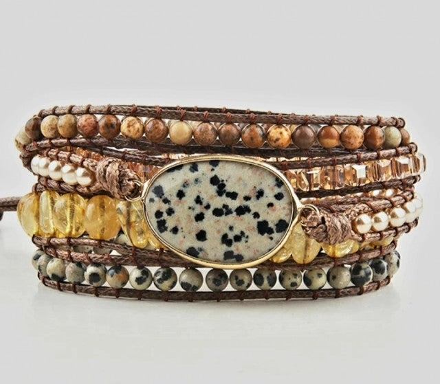 NYHET 2025 ! BOHO WRAP BRACELET 5 rader armbÅnd med stor Dalmantiner sten