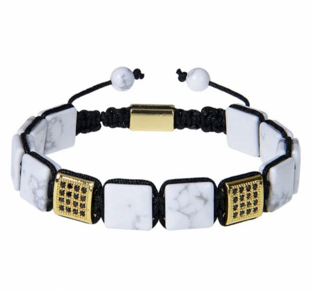 Chambhala Flatstone ArmbÅnd , White Howlite  - Justerbare - Natural Stone