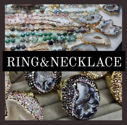 DUO DEAL - AGATE Geode Gemstone RIng & Long Necklace !