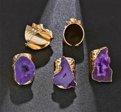 Nye og vakre Purple Agate Geode ringer , Gold Electroplated