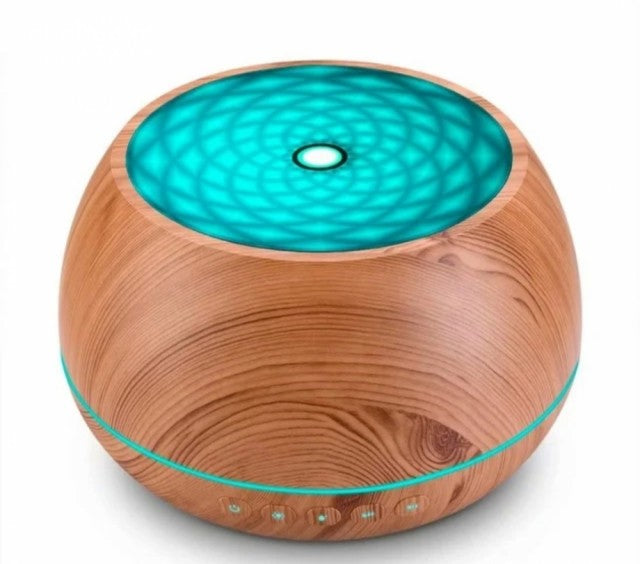 Stor og flott Ultrasonic Aroma Diffuser i Lys Wood Design med Bluetooth, høytaler, ledlys m/7 farger, 1000ml vannbeger