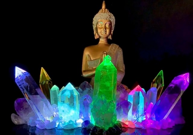 Fantastisk hÅndlaget Kvarts Krystall Lampedekorasjon med Ametyst, Gul Titan Quartz og Quartz, GOLDEN SITTING BUDDHA