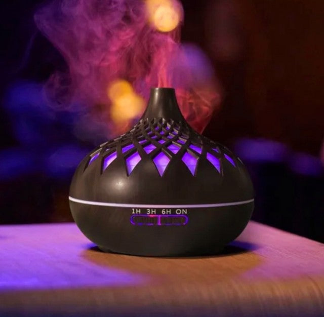 Stor ny 550ml modell Aroma Damp Diffuser i Mørk Trelook med Bluetooth, fjernkontroll og ledlys !