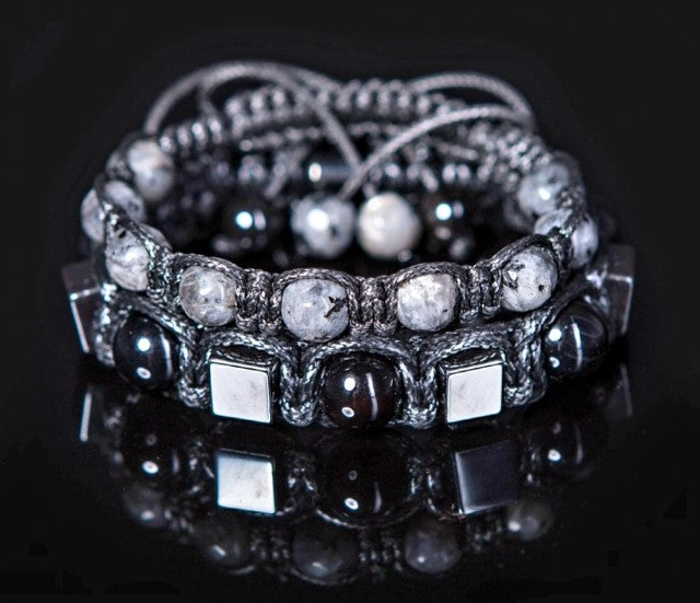 Trendy og Exclusivt Shambhala ArmbÅnd ( set )  , Larvikitt ( Black Moonstone ) ,  Sort Onyx og Hematitt, unisex og juste