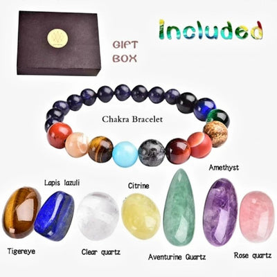 Nye Chakra sett med 7 mellomstore stener og Chakra ArmbÅnd i gavepakning