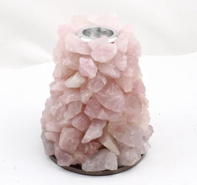 Vakker hÅndlaget RÅ Rosenkvarts Lysestake, ca. 13cm høye