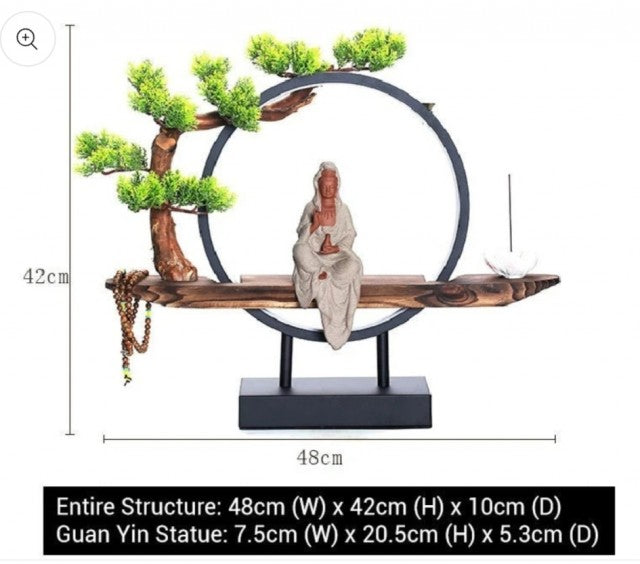 Porcelain Guan Yin Statue Decorative Set w/ LED light | Buddha Statue | Home Decoration | Incense Burner, 48 x 42 x10cm