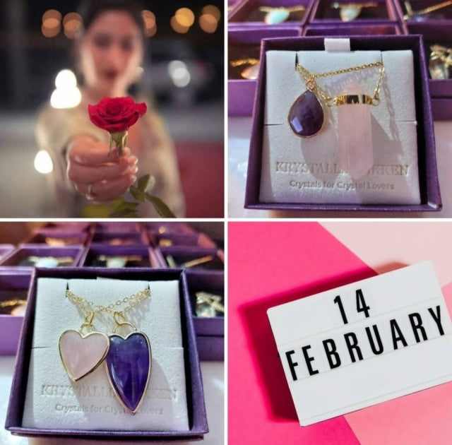 Valentine Gift 4 /  Duo Tear Drop - Point Necklace ( Amethyst, Rose Quartz ) + Free Bracelet