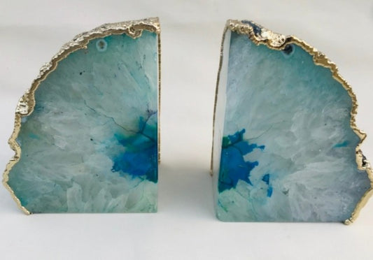 Agat Aqua / Teal Bokstøtter Gold Electroplated ( par )