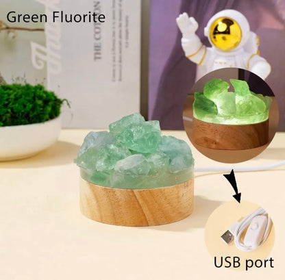 Nye, mini Led Crystal Nattlamper... Raw Green Fluorite Cluster Quartz, 7x7cm