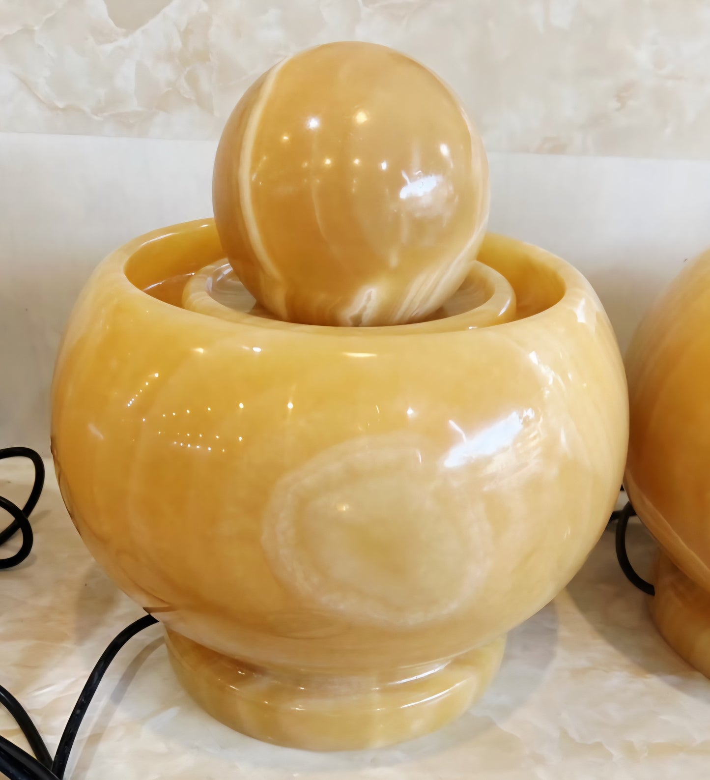 New 2025 Marble Water Fountain w/rotating Crystal Sphere and Ledlight, Yellow Onyx, High Quality, LARGE Size - 26x26x28cm, ca. 20kg