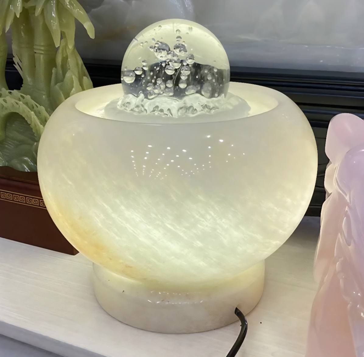 New 2025 Marble Water Fountain w/rotating Crystal Sphere, Light Green Onyx, High Quality, Medium Size - 20x20x22cm, approx 13kg