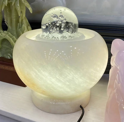 New 2025 Marble Water Fountain w/rotating Crystal Sphere, Light Green Onyx, High Quality, Medium Size - 20x20x22cm, approx 13kg