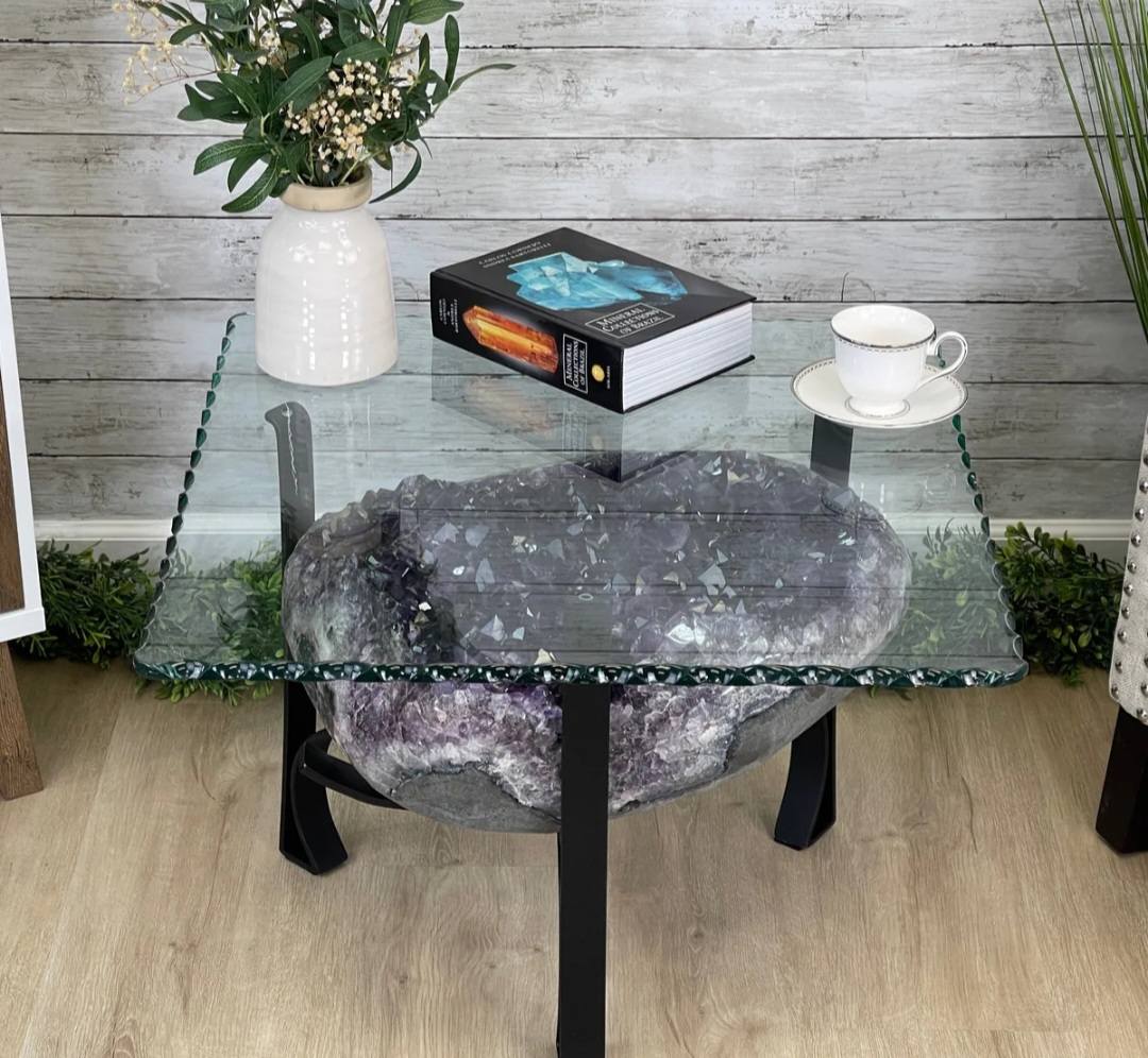 Extra Plus Brazilian Amethyst Geode SOFA Table Metal Frame Table w/Druzy big Cluster, ca. 72kg m/ramme - 55x36x21cm Stone