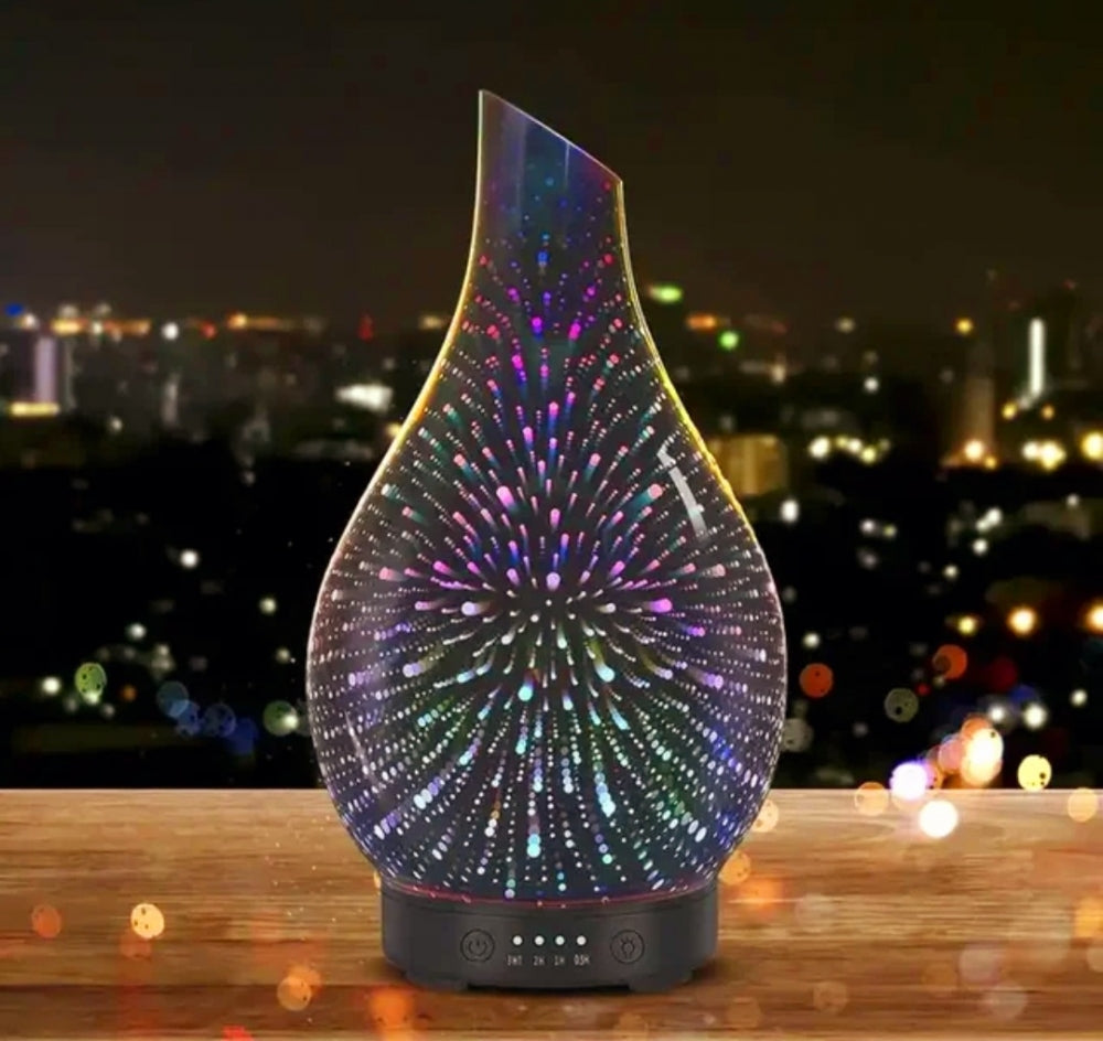 Ny, 2024 "3D Fireworks Diffuser" i håndlaget glass og vasedesign med ledlys i 7 farger , 120ml , remote control