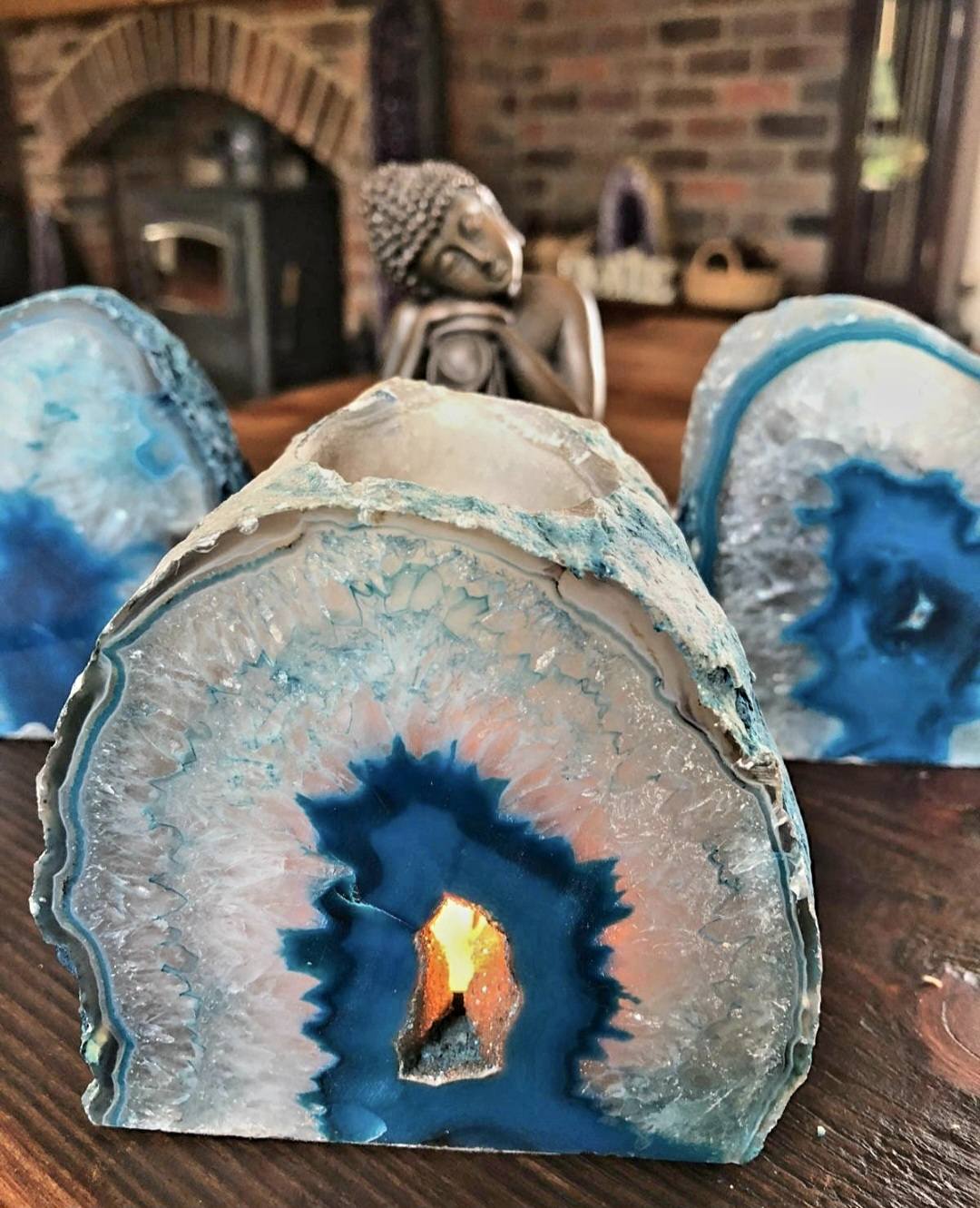 Supervakker XL Agat Geode Telys borddekorasjon, Aqua Blue - 24k Gold Electroplated