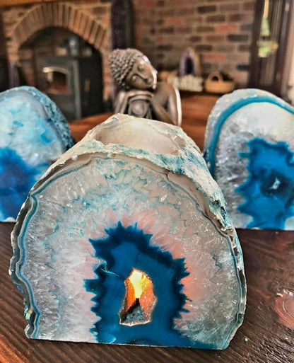 Supervakker XL Agat Geode Telys borddekorasjon, Aqua Blue - 24k Gold Electroplated