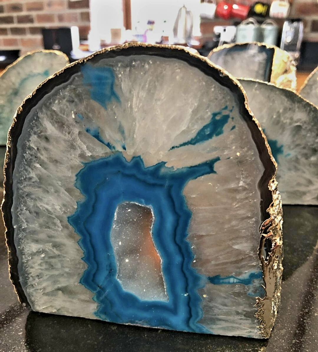 Supervakker XL Agat Geode Telys borddekorasjon, Aqua Blue - 24k Gold Electroplated