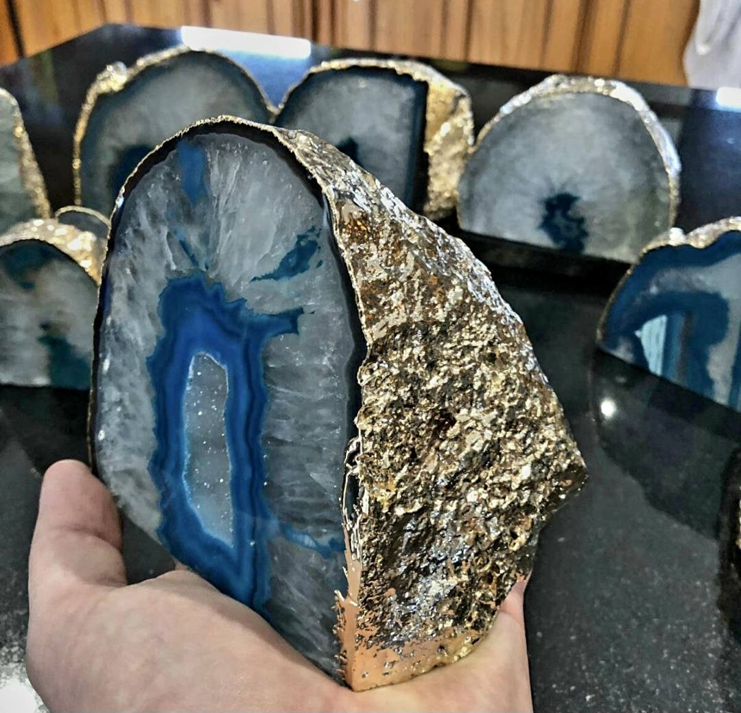 Supervakker XL Agat Geode Telys borddekorasjon, Aqua Blue - 24k Gold Electroplated