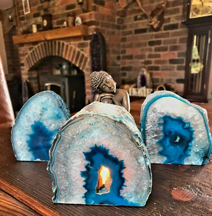 Supervakker XL Agat Geode Telys borddekorasjon, Aqua Blue - 24k Gold Electroplated