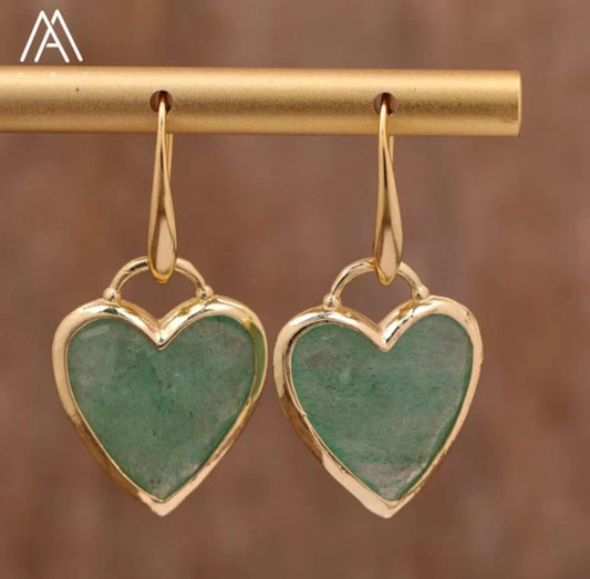 Nye MICCI Design Øredobber ( 20mm - Heart Design ) , 18K Gold Electroplated, Green Strawberry Quartz