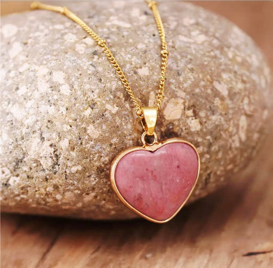 Large Rhodokrosite Heart 25mm Designkjede , Gold Electroplated