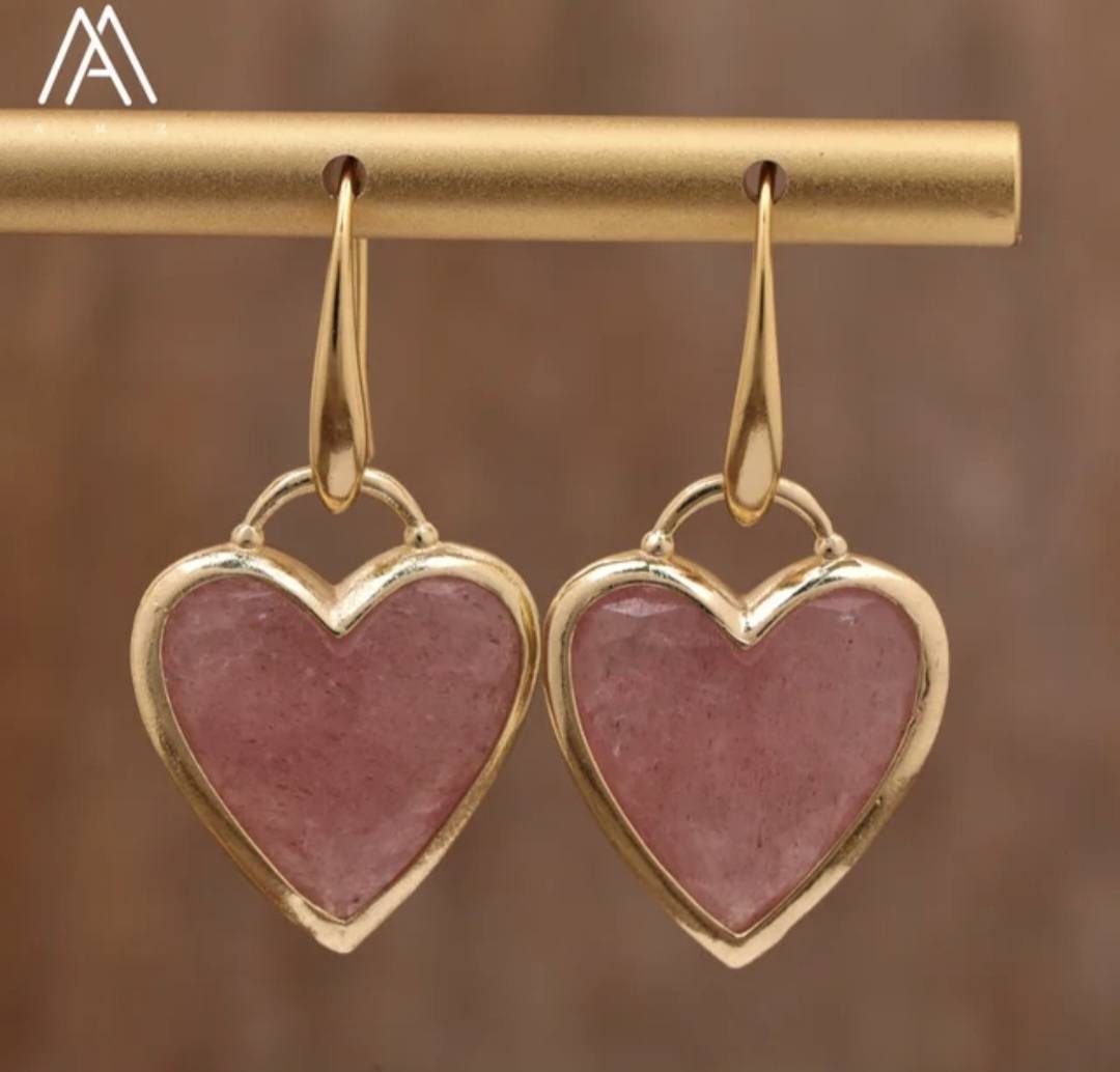 Nye MICCI Design Øredobber ( 20mm - Heart Design ) , 18K Gold Electroplated,Strawberry Quartz