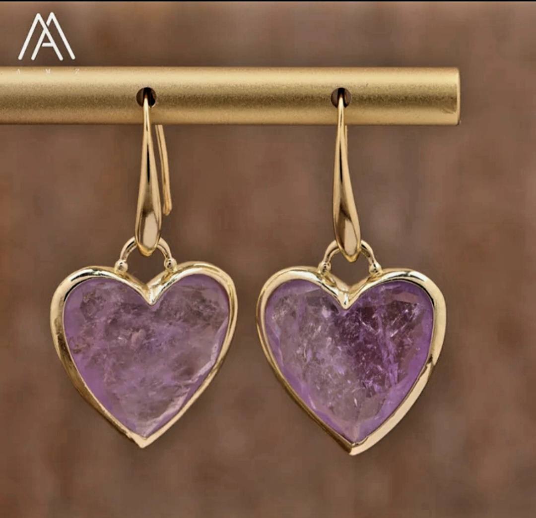 Nye MICCI Design Øredobber ( 20mm - Heart Design ) , 18K Gold Electroplated, Ametyst