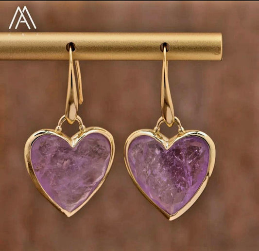 Nye MICCI Design Øredobber ( 20mm - Heart Design ) , 18K Gold Electroplated, Ametyst