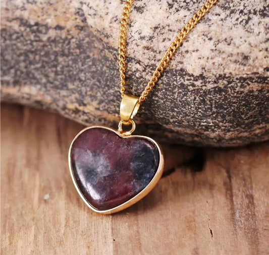 Large Purple Cherry Stone Heart 25mm Designkjede , Gold Electroplated