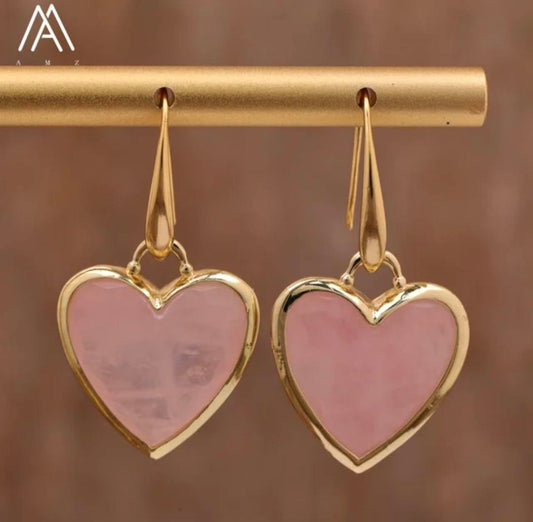Nye MICCI Design Øredobber ( 20mm; - Heart Design ) , 18K Gold Electroplated, ROSE QUARTZ