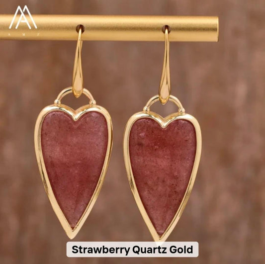 Nye MICCI Design Øredobber ( 30mm - Long Heart Design ) , 18K Gold Electroplated, Strawberry Quartz