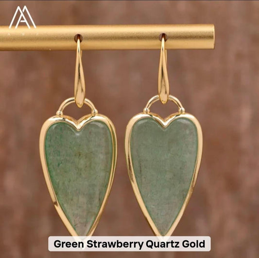 Nye MICCI Design Øredobber ( 30mm - Long Heart Design ) , 18K Gold Electroplated, Green Strawberry QUARTZ