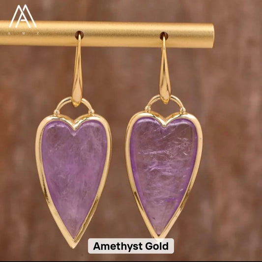 Nye MICCI Design Øredobber ( 30mm - Long Heart Design ) , 18K Gold Electroplated, Ametyst