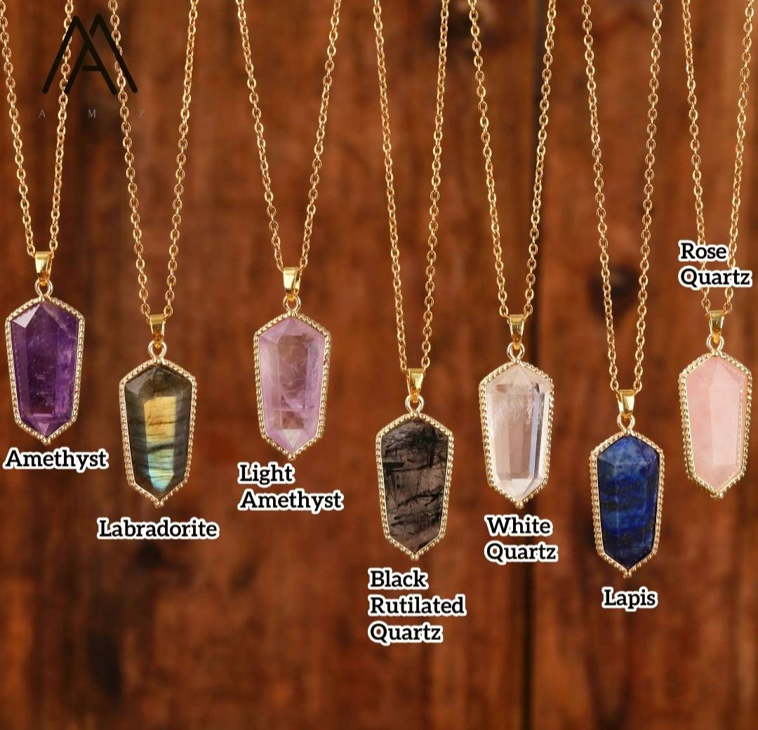 Nye MICCI Design Hexagon Ametyst 25x12mm Point Anheng m/kjede, Gold Electroplated