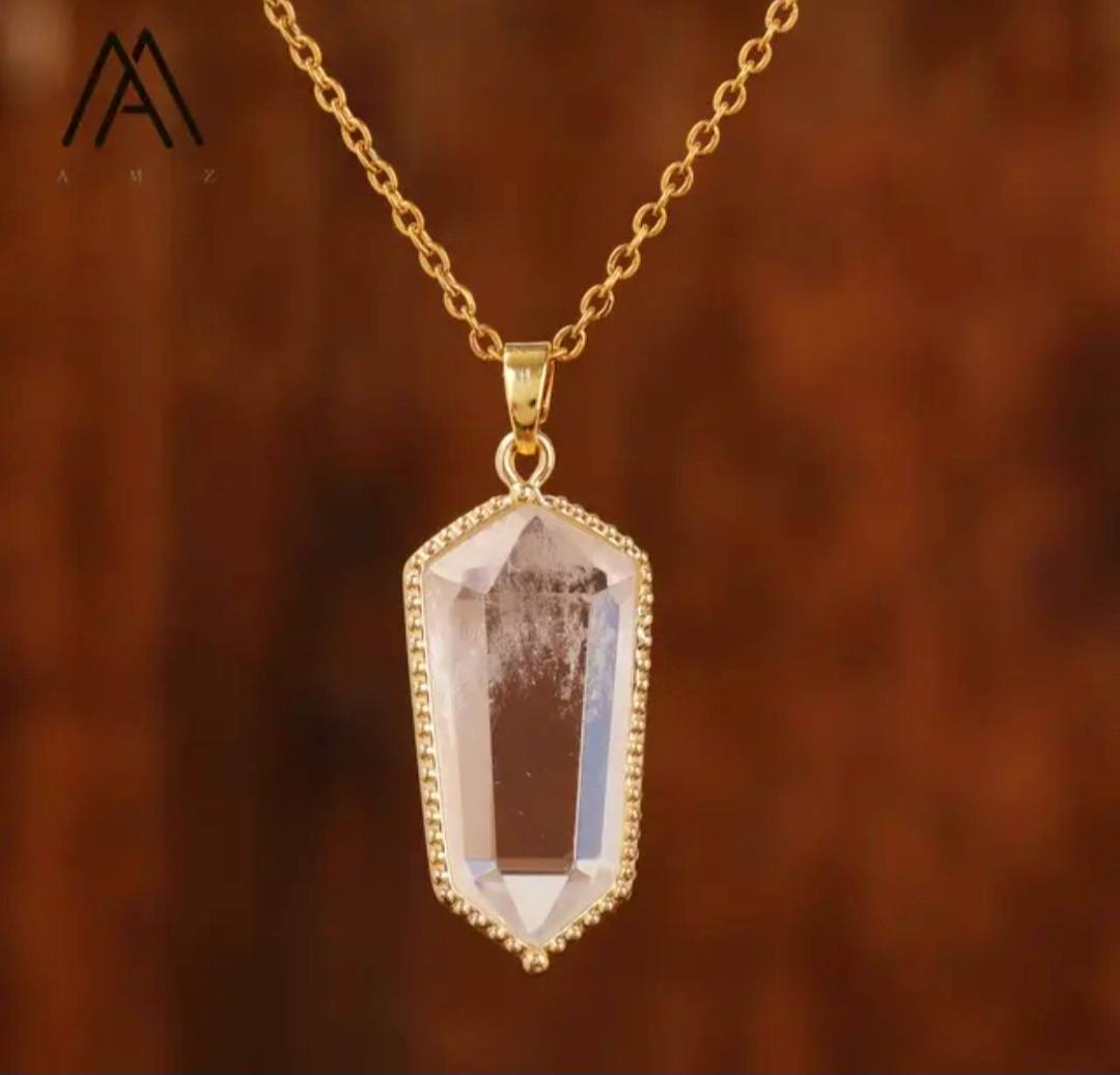 Nye MICCI Design Hexagon Clear Quartz 25x12mm Point anheng m/kjede, Gold Electroplated