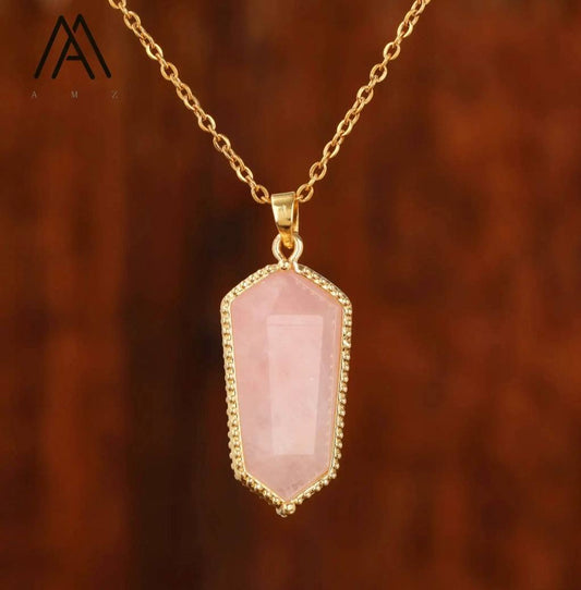 Nye MICCI Design Hexagon Rose Quartz 30mm Point kjede, Gold Electroplated
