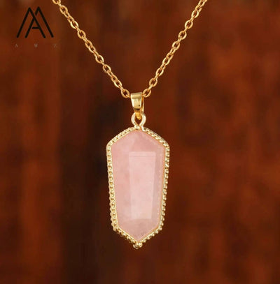 Nye MICCI Design Hexagon Rose Quartz 30mm Point kjede, Gold Electroplated
