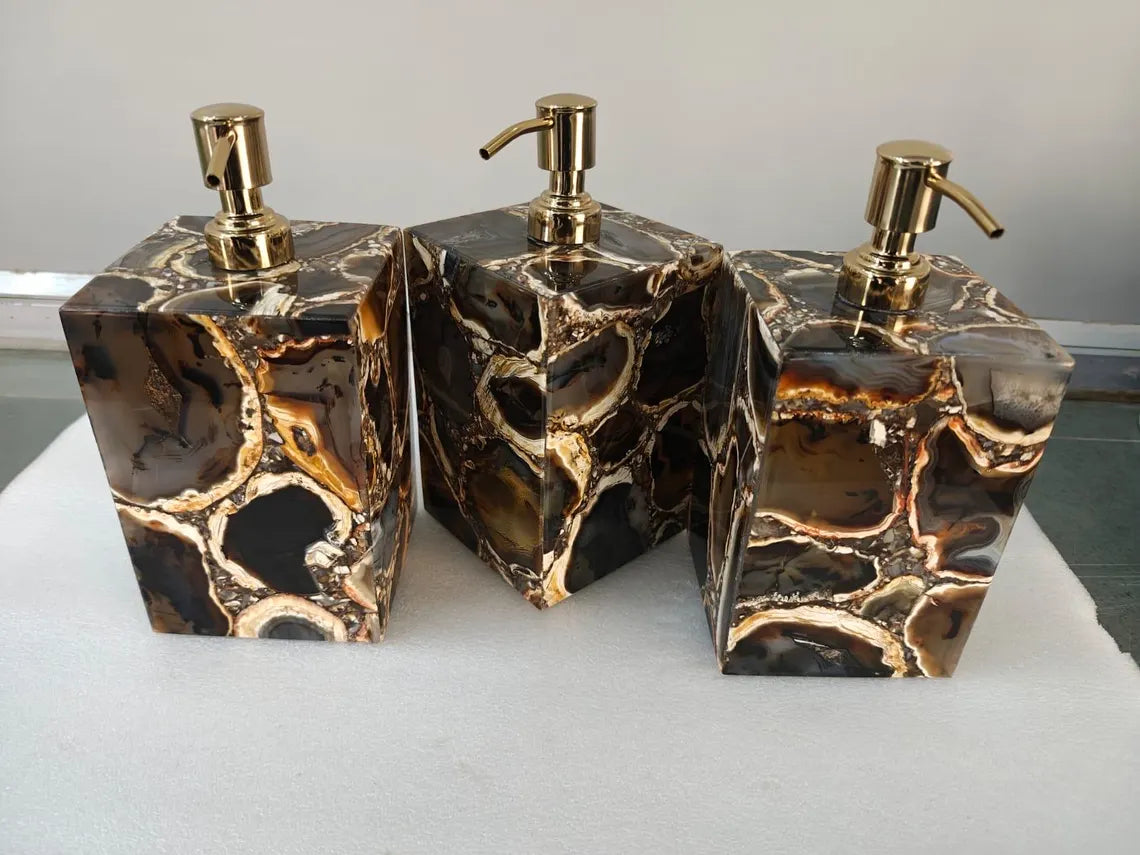 Handcrafted Black Agate Soap Dispenser, Luxurious Bathroom Decor, 15x10x10cm