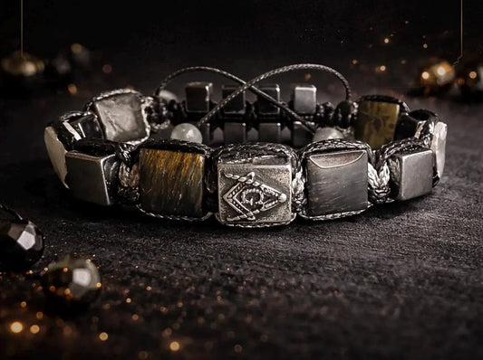 New 2026 Design / Trendy og Exclusivt Shambhala Armbånd, Masonic Symbol Bracelet&nbsp; - Tiger's Eye Protection Stones - Sacred Geometry Jewelry, Brotherhood Gift, Freemason Talisman