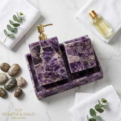 Natural Amethyst Bathroom 3 PCS Set, Purple Crystal Soap Dispenser, Toothbrush Holder, Vanity Tray
