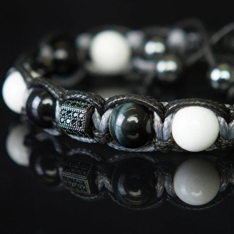 Trendy og Exclusivt Shambhala Armbånd sett, Blue Tigereye, White Agate og Hematitt, unisex og justerbare